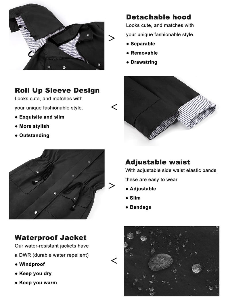 Twinklady Rain Jacket Women Windbreaker Striped Climbing Raincoats Waterproof Lightweight Outdoor Hooded Trench Coats Black L - Image 4